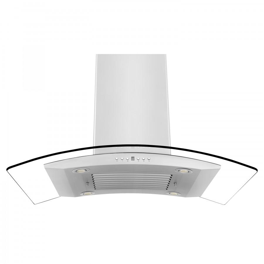 Stainless steel island range hood with curved canopy and front control panel