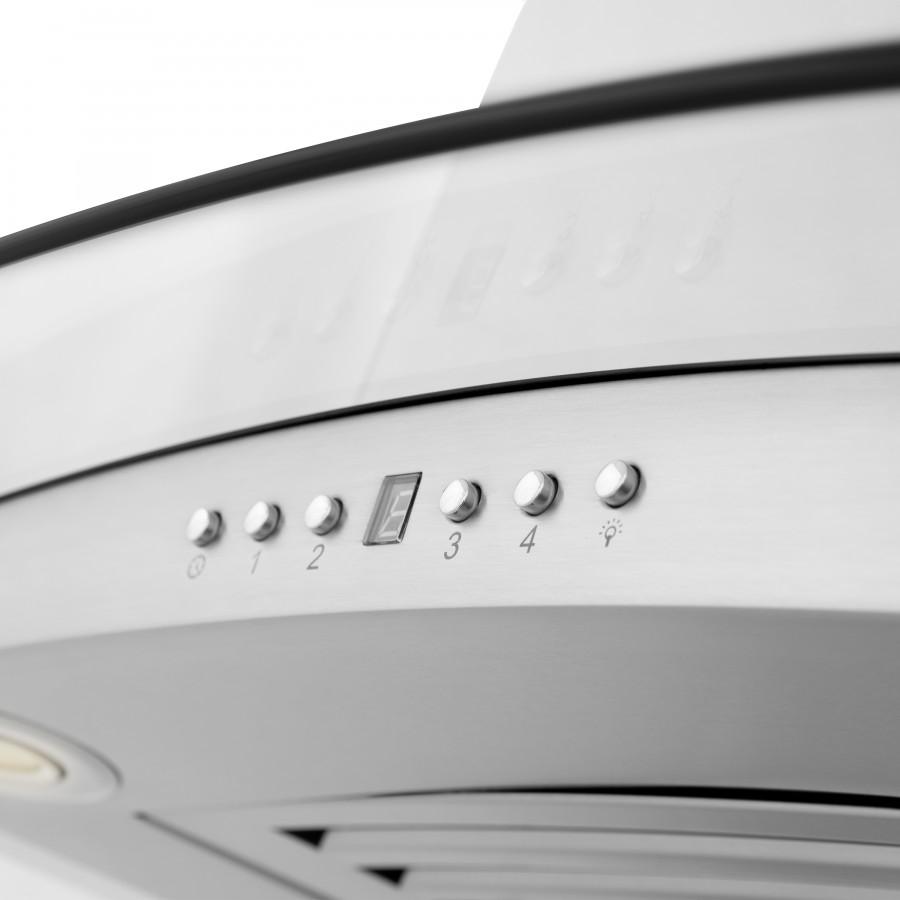 Stainless steel range hood control panel with numbered knobs and indicator icons