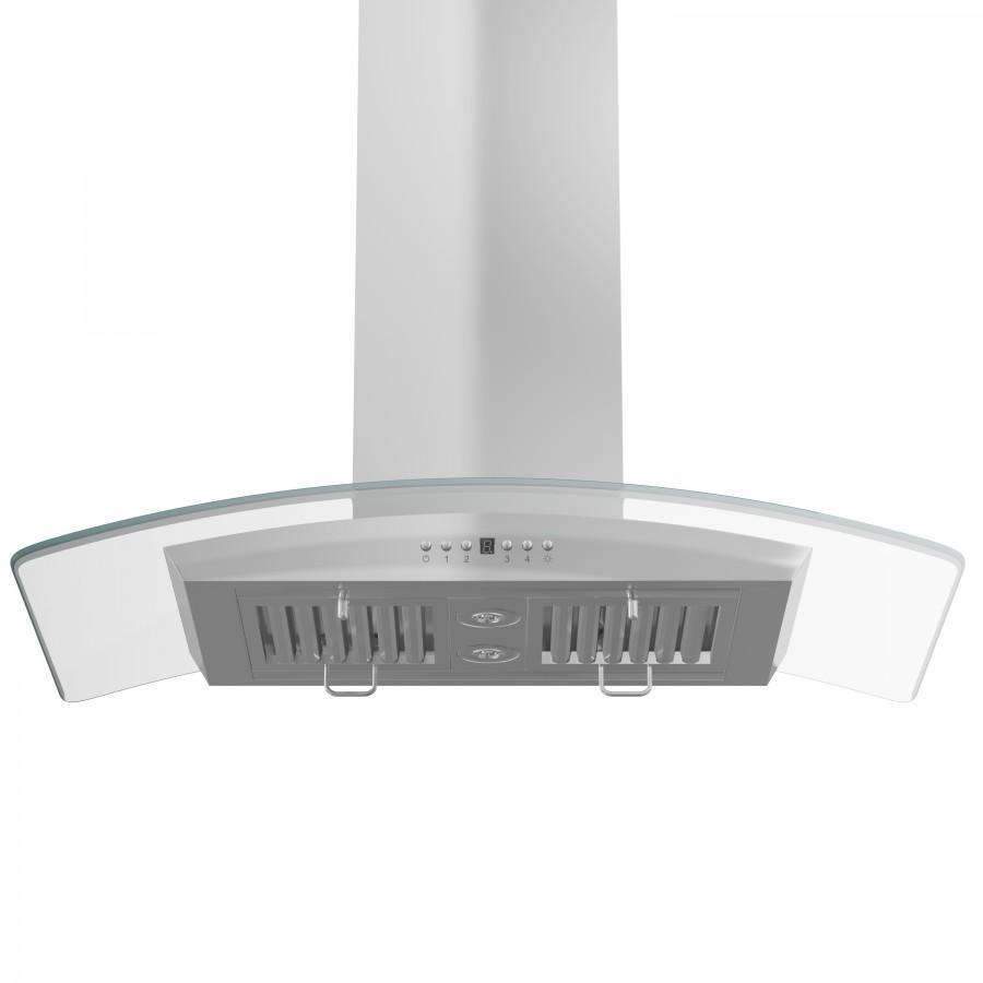 Stainless steel island range hood with glass canopy, chimney, and center control buttons
