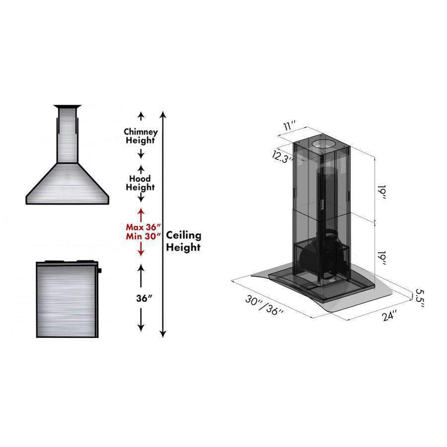 Stainless steel island range hood with tall chimney, curved glass canopy, and control panel