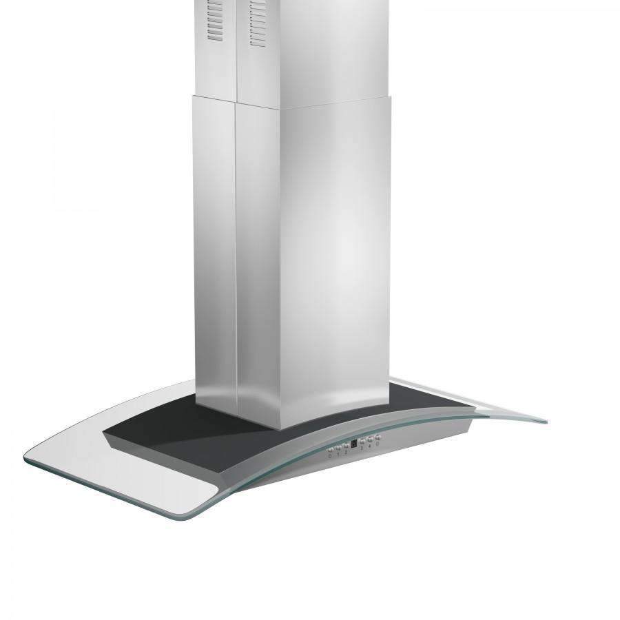 Stainless steel island range hood with square glass canopy and vented filter tray