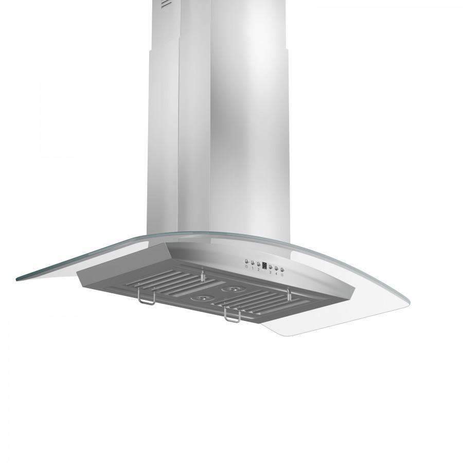 Stainless steel island range hood with glass canopy, vented baffle, and front controls