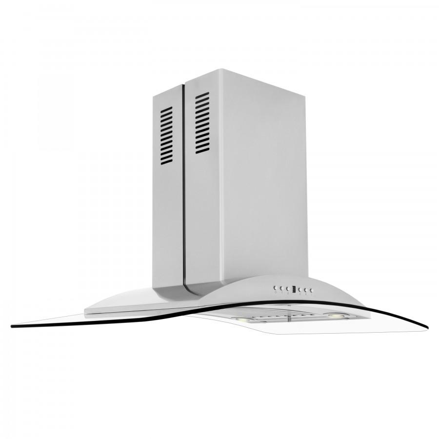 Stainless steel island range hood with chimney tower and curved vent canopy edge