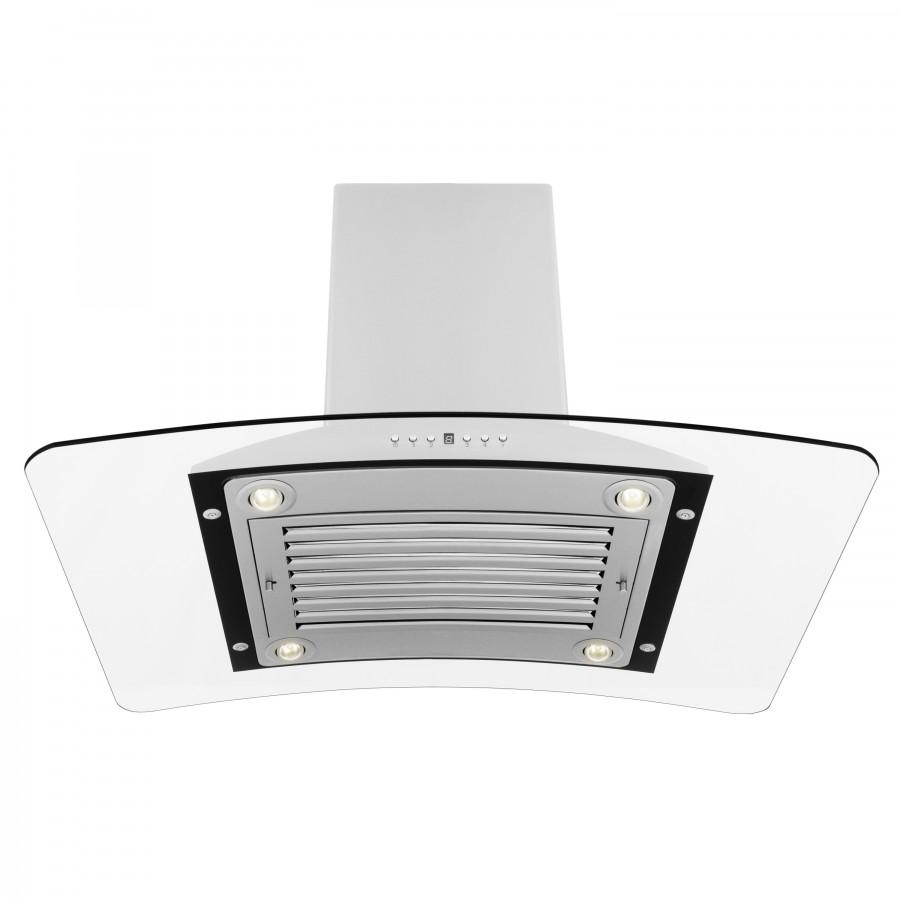 Stainless steel island range hood with front grille and two recessed lights
