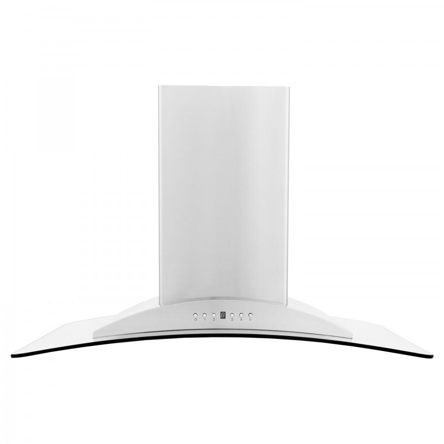 Chimney-style range hood with arched canopy and control icons along the front