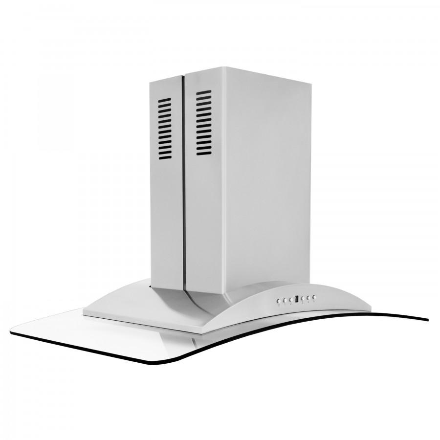 Stainless steel island range hood with chimney stack and curved canopy front edge