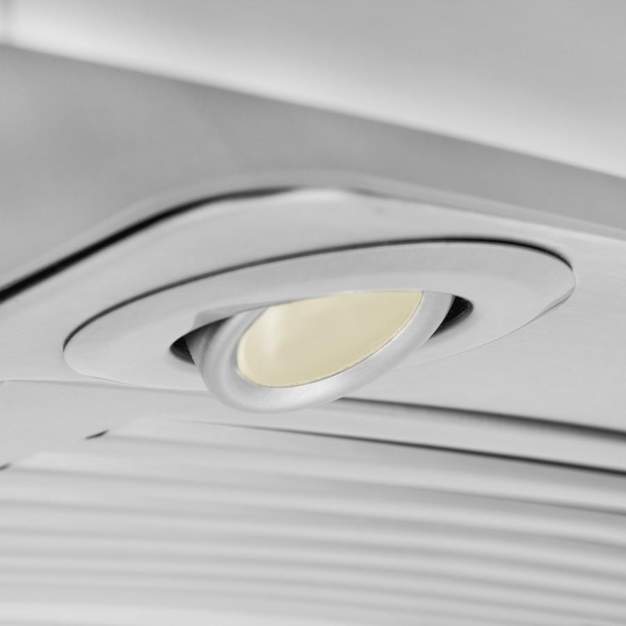 Stainless steel range hood vent with centered oval light and circular opening