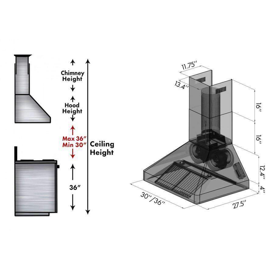 Chimney range hood installation diagram showing hood and chimney height measurements