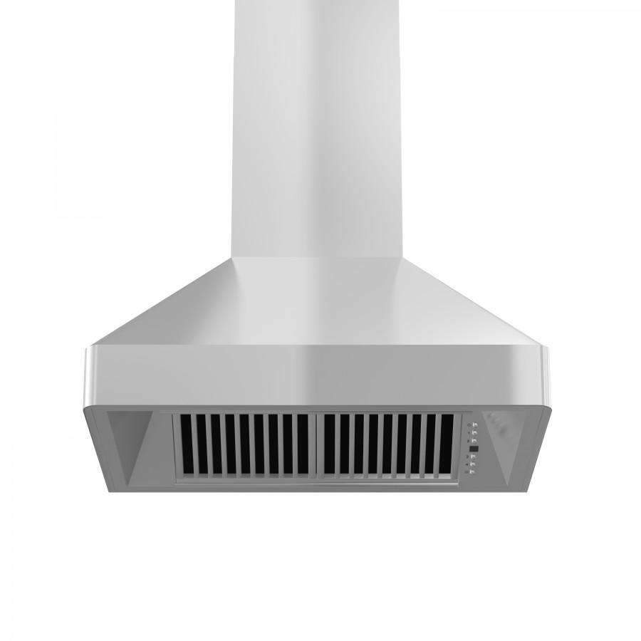 Underside of stainless steel range hood with vent slats and control buttons