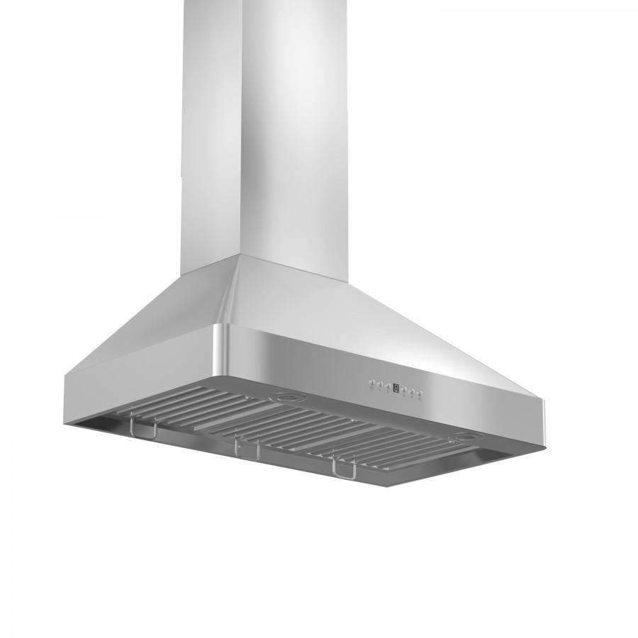 Stainless steel wall range hood underside showing removable mesh filter trays
