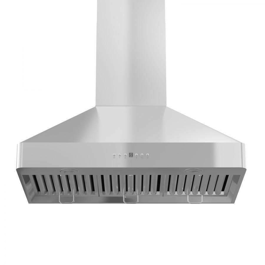 Stainless steel wall range hood underside with filter baffle vents