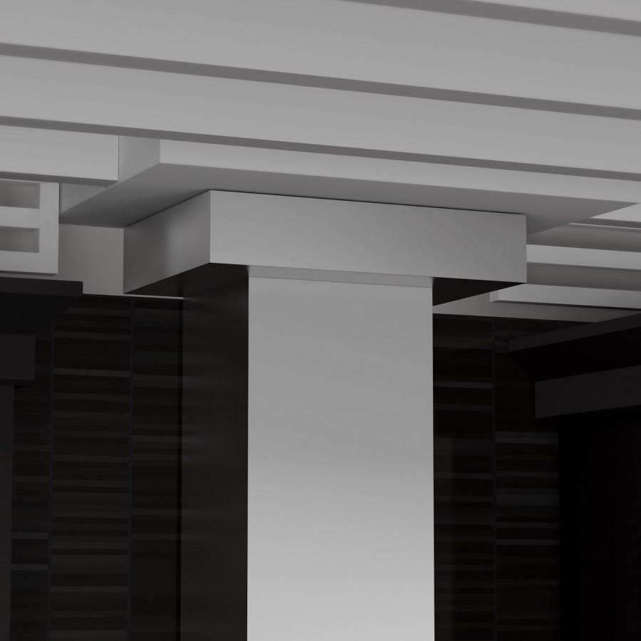 Stainless steel wall range hood with crown molding detail under-mount view