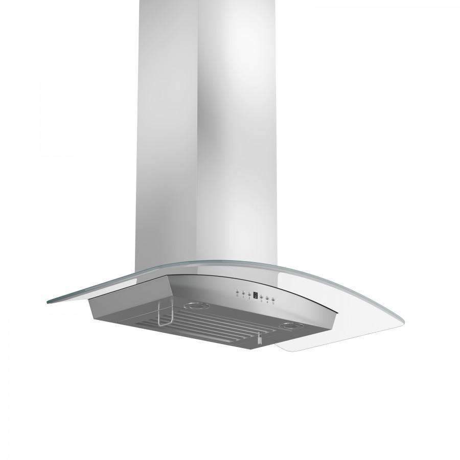Stainless steel wall range hood with curved glass canopy and chimney column