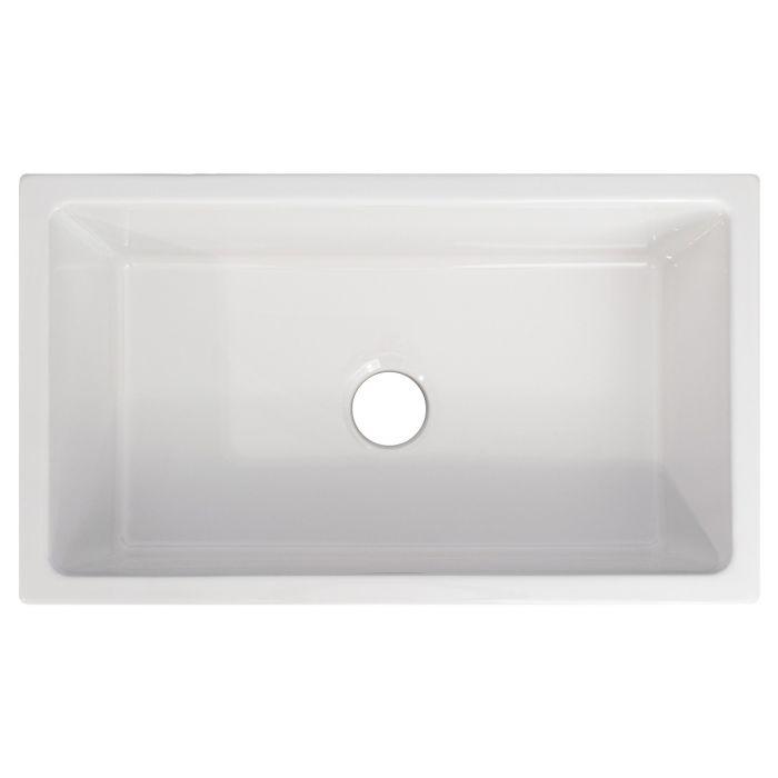 White gloss single-bowl fireclay sink basin with round drain opening