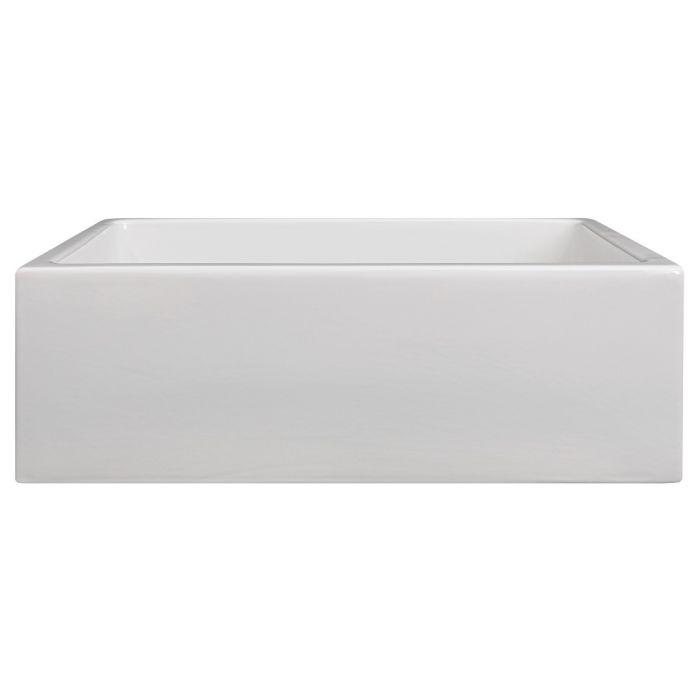 White gloss single-bowl apron-front fireclay sink with raised side walls