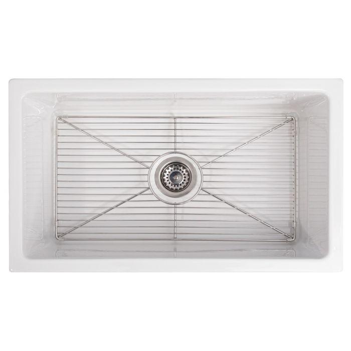 White gloss sink with bottom utility rack and central drain strainer opening