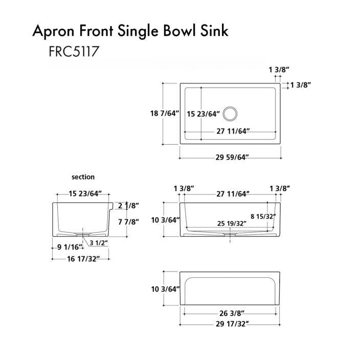 White gloss apron-front single-bowl fireclay kitchen sink diagram with dimensions