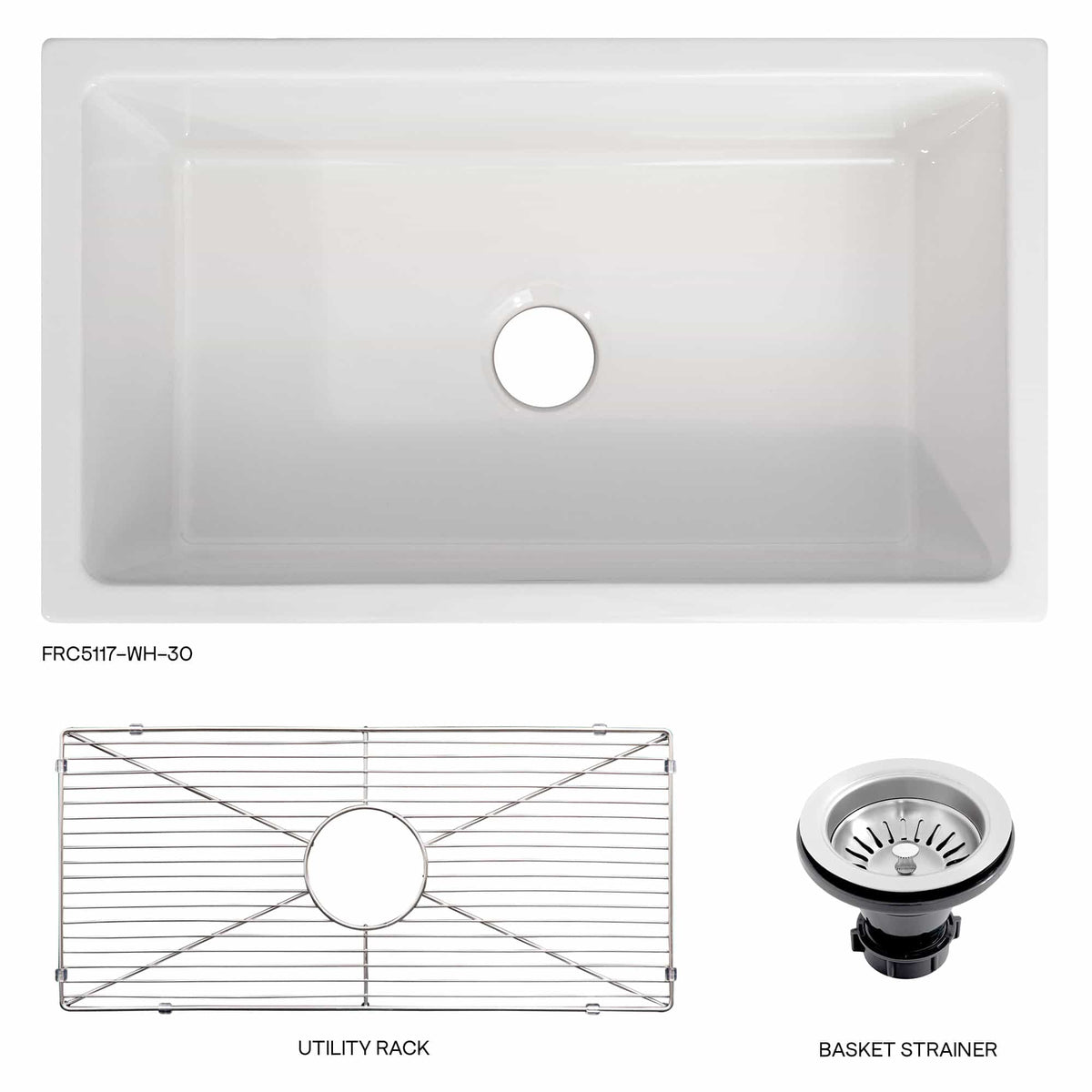 White gloss single-bowl sink with drain hole, shown with utility rack and basket strainer