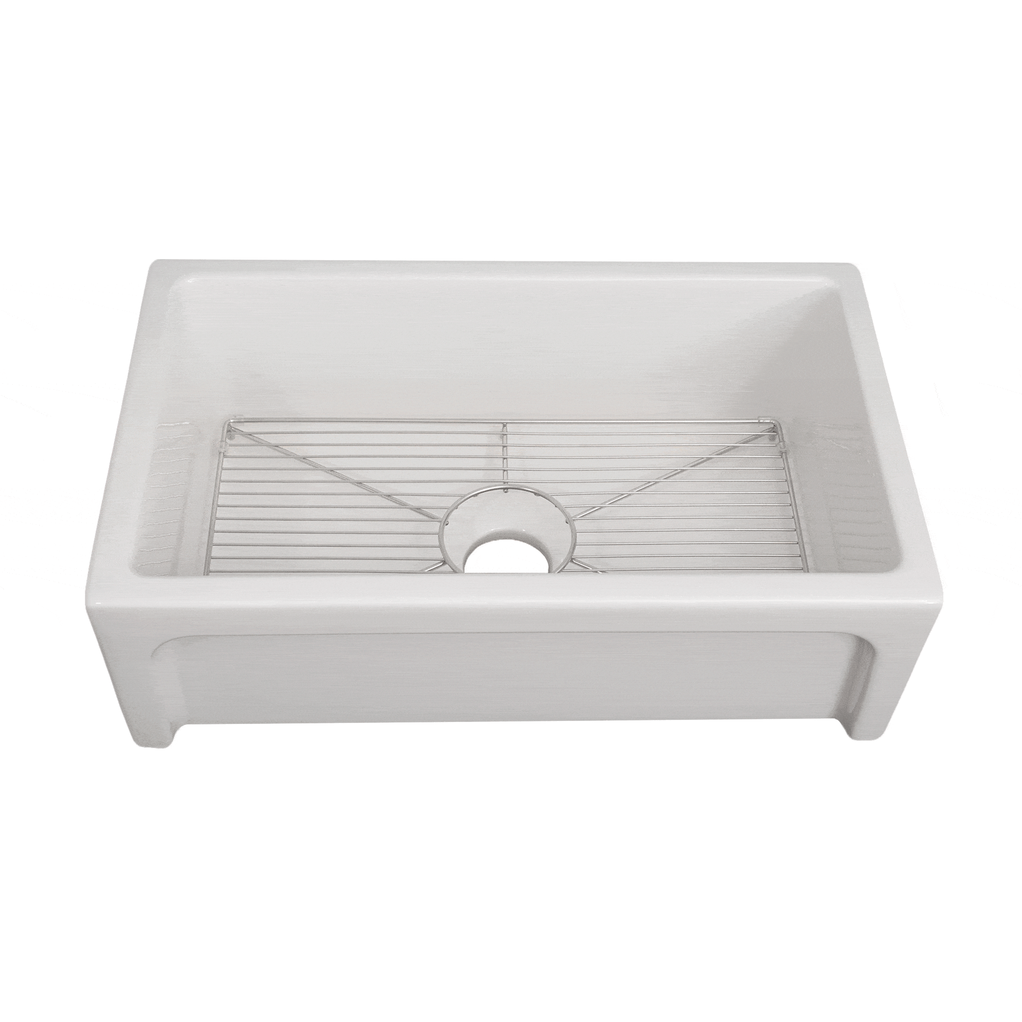 White gloss sink basin showing wire utility rack inside