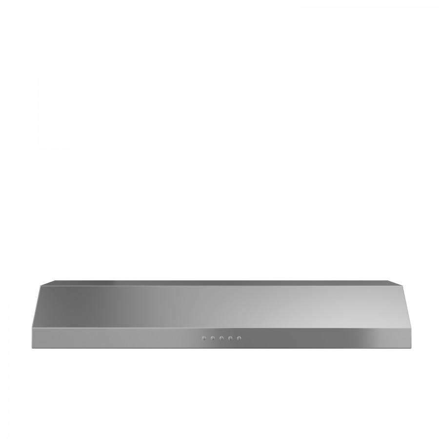 Stainless steel under-cabinet range hood with slim rectangular profile and control vents.