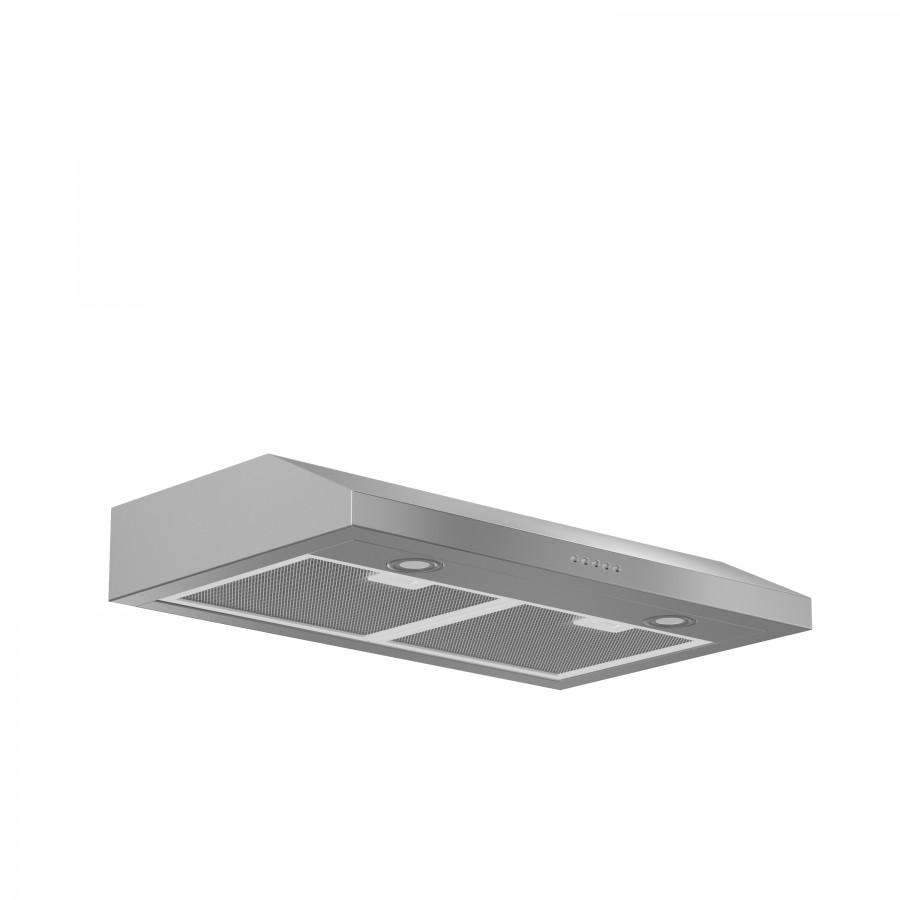 Stainless steel under-cabinet range hood underside with two mesh grease filters.
