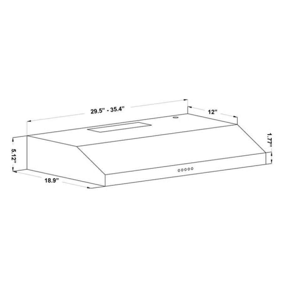 Under-cabinet range hood with 29.5–35.4 in width and 17.7 in height, stainless.