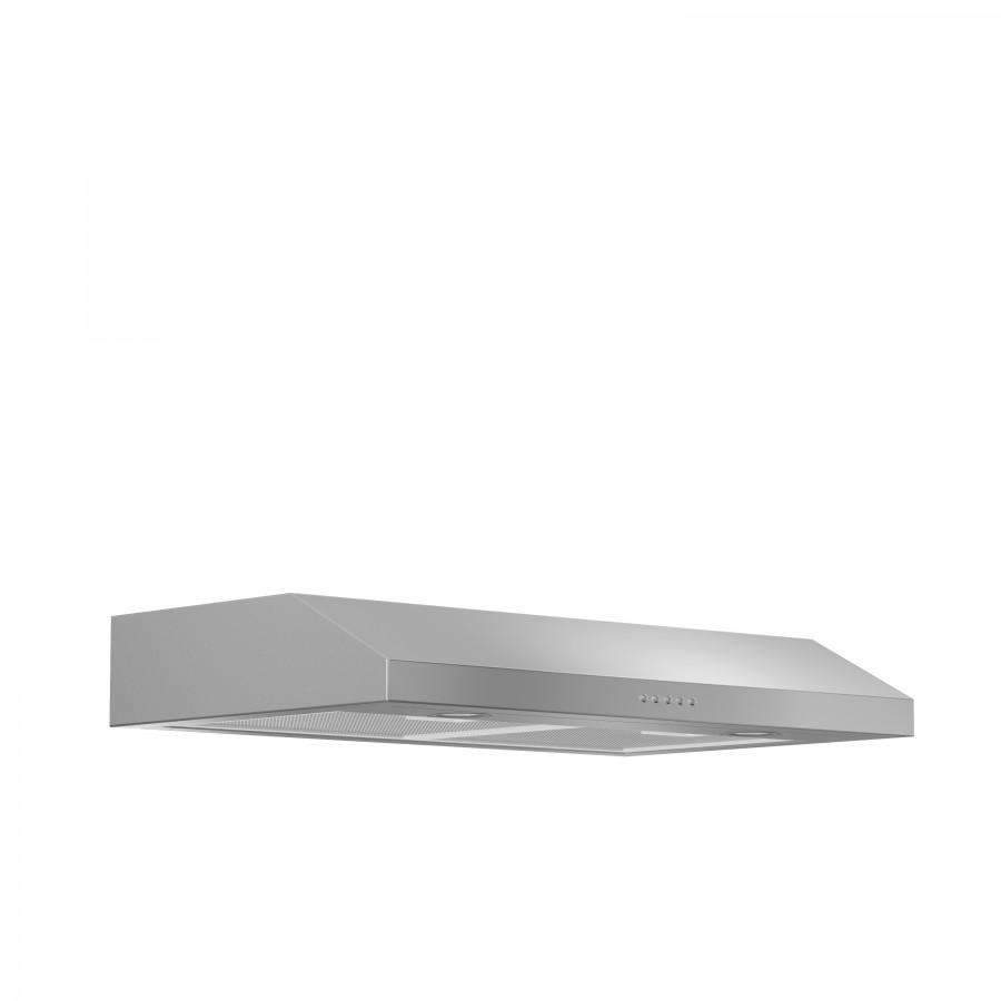 Stainless steel under-cabinet range hood with open filter area and front vent slots.