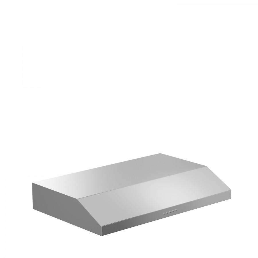 Stainless steel under-cabinet range hood with vented duct cover, angled top.