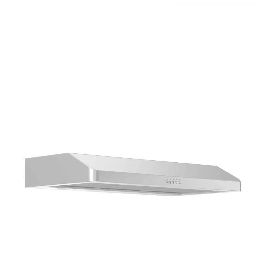 Stainless under-cabinet range hood with angled chimney and control light dots