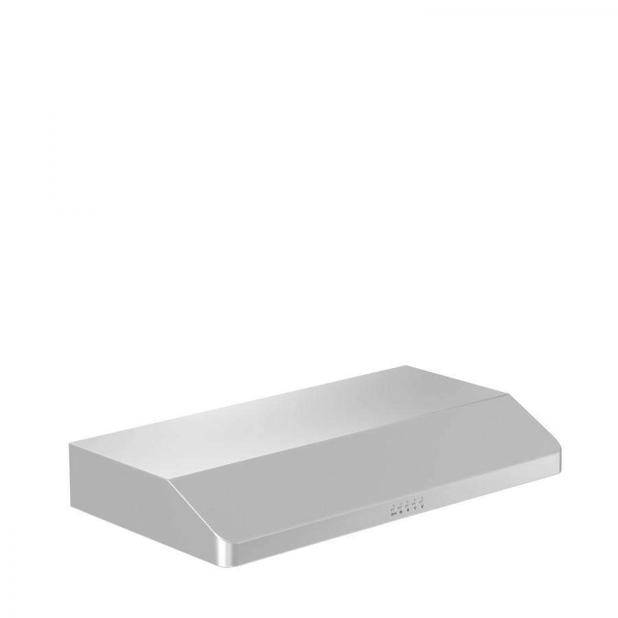 Stainless under-cabinet range hood end view with vent outlet and front control dots