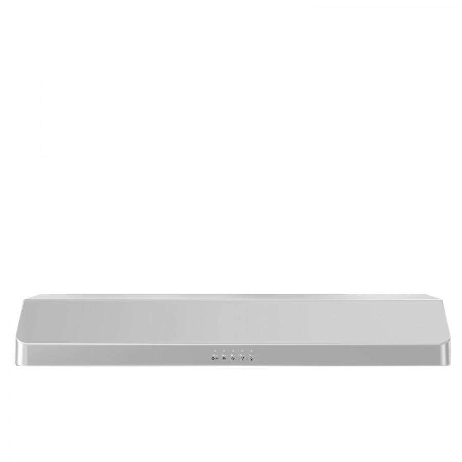 White-tinted stainless under-cabinet range hood side profile with control icons