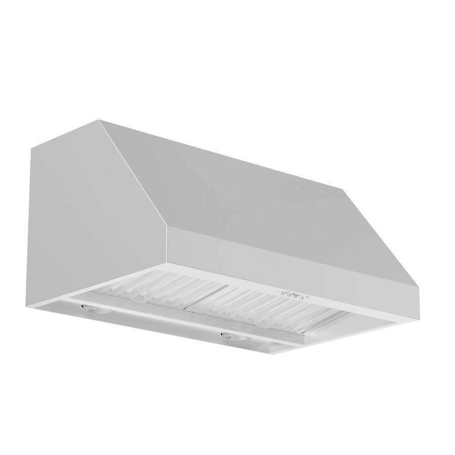 Under-cabinet range hood with angled body and front vent filter grille