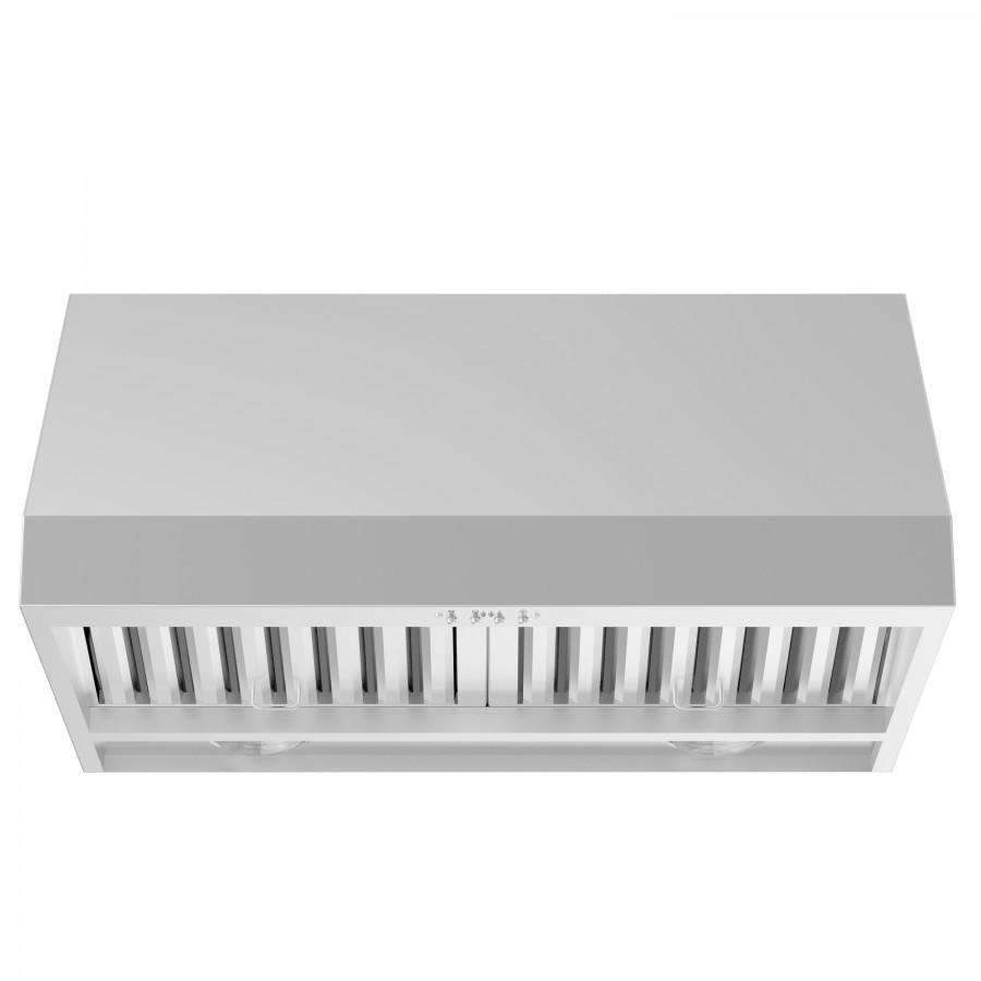 Under-cabinet range hood front view with vertical vent baffle grille