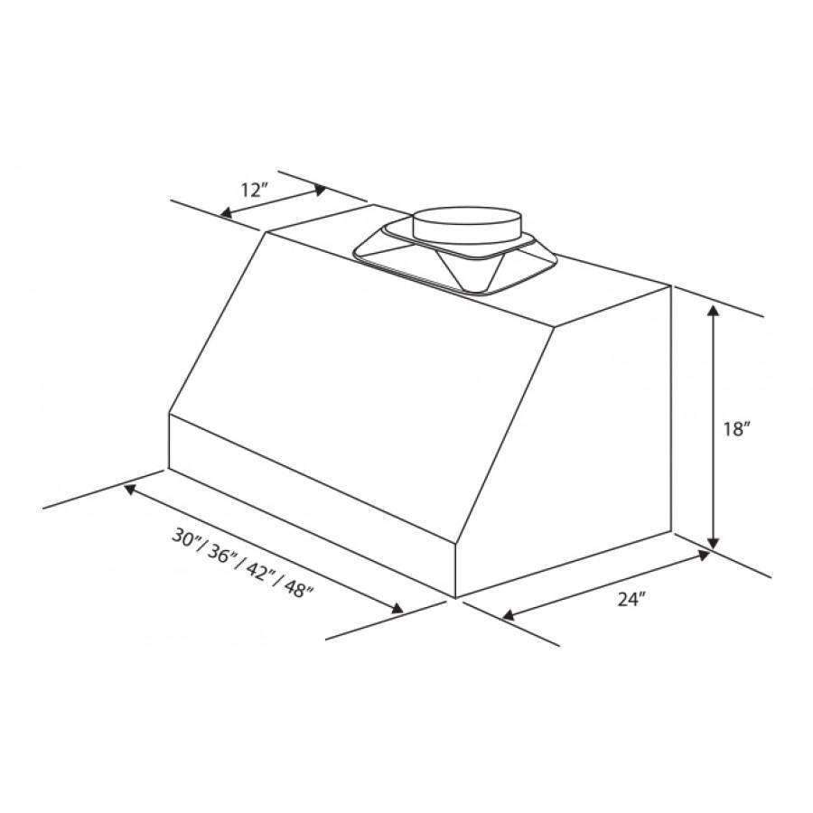Under-cabinet range hood size diagram showing vent opening and overall dimensions