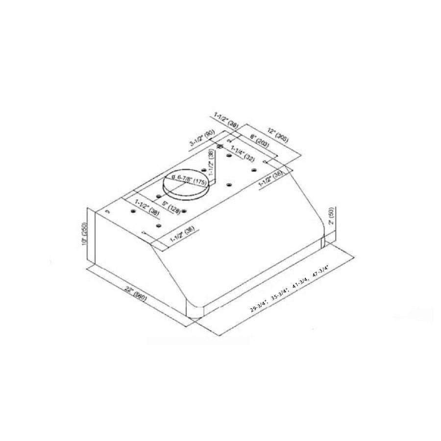 Under-cabinet stainless range hood with dimension diagram