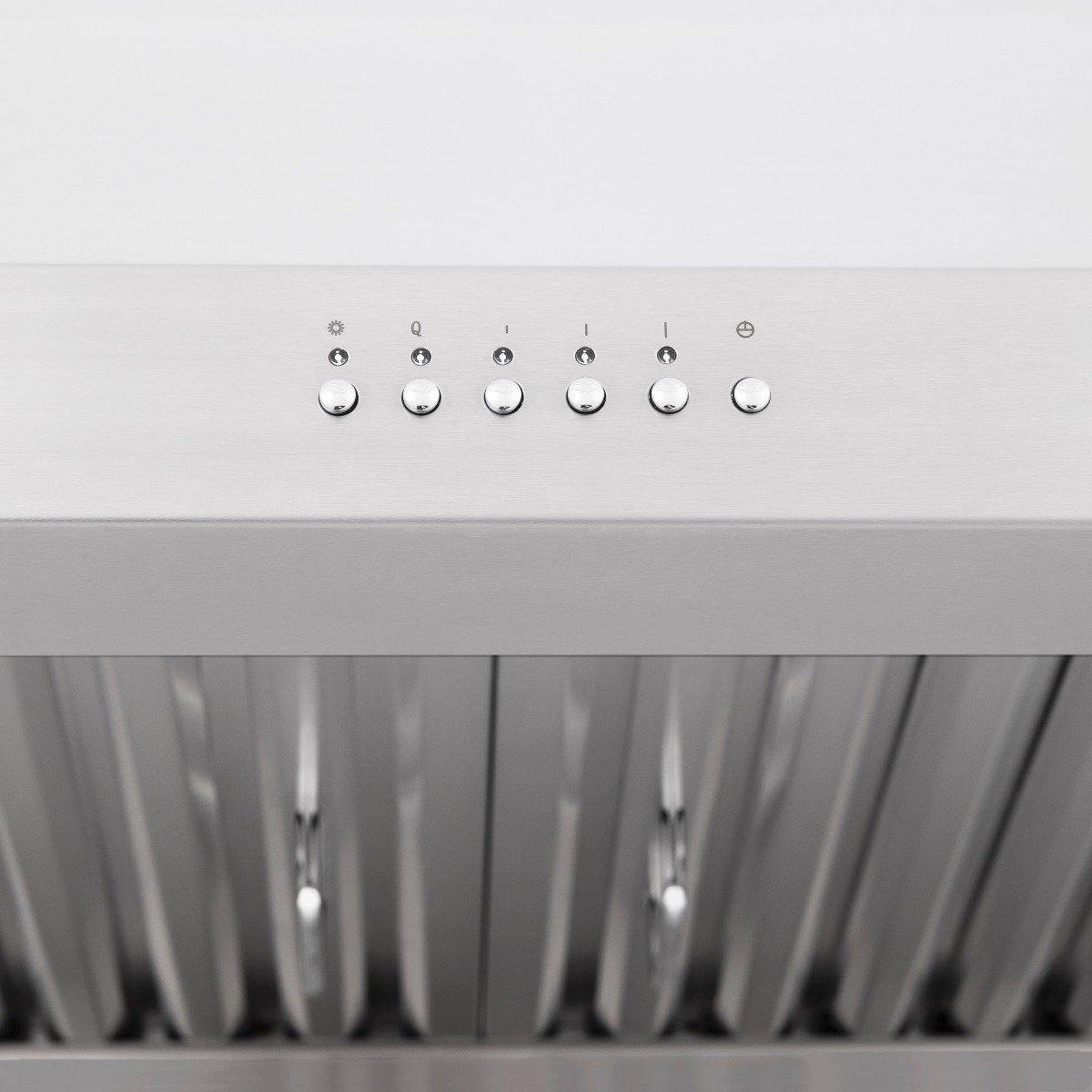 Stainless steel range hood control panel with metal knob buttons