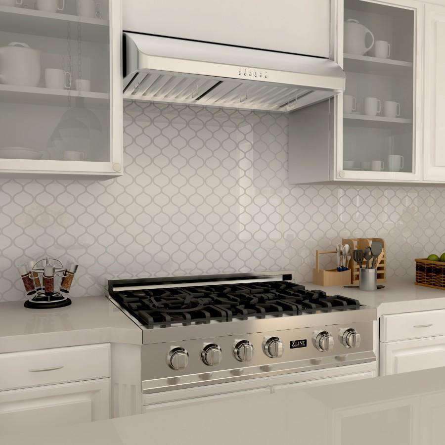 Under-cabinet stainless steel range hood above the stove with visible front controls