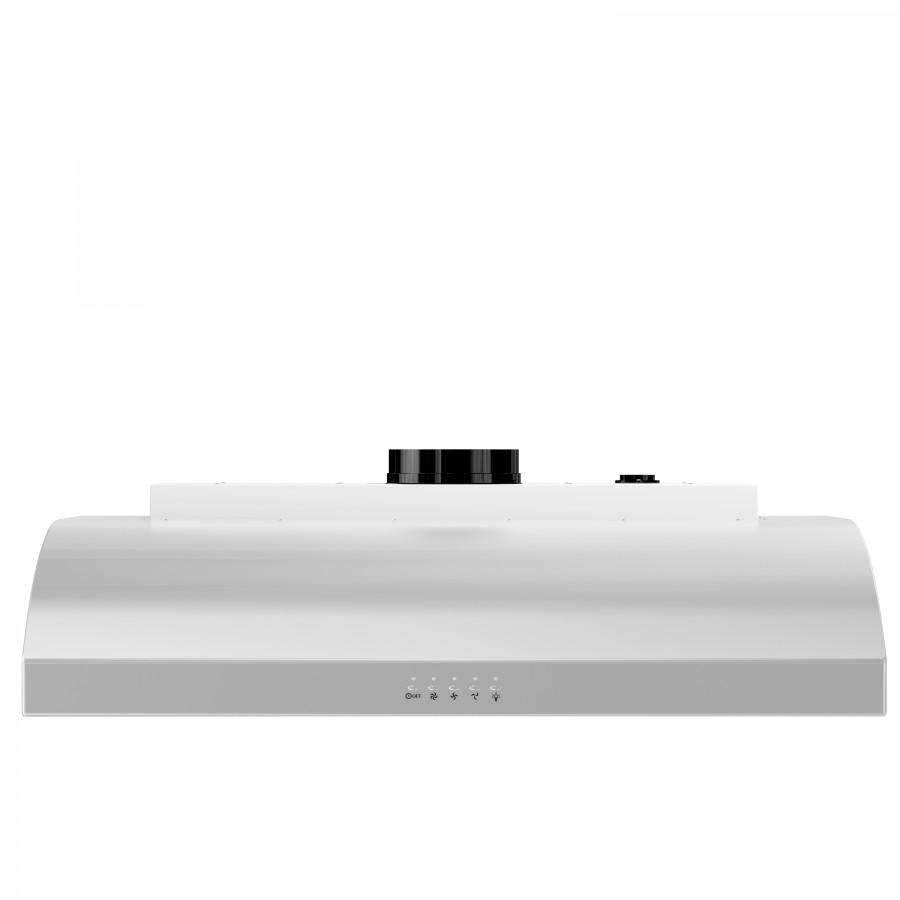 White under-cabinet range hood front edge with control icons and duct opening