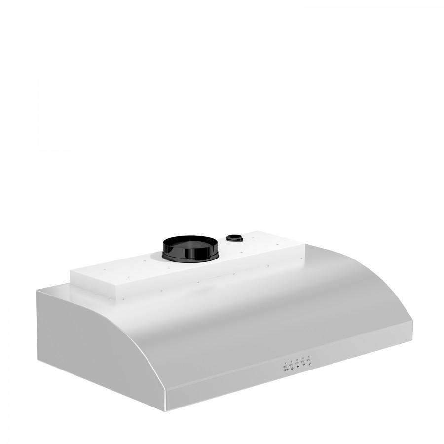 White under-cabinet range hood with round chimney opening and control panel