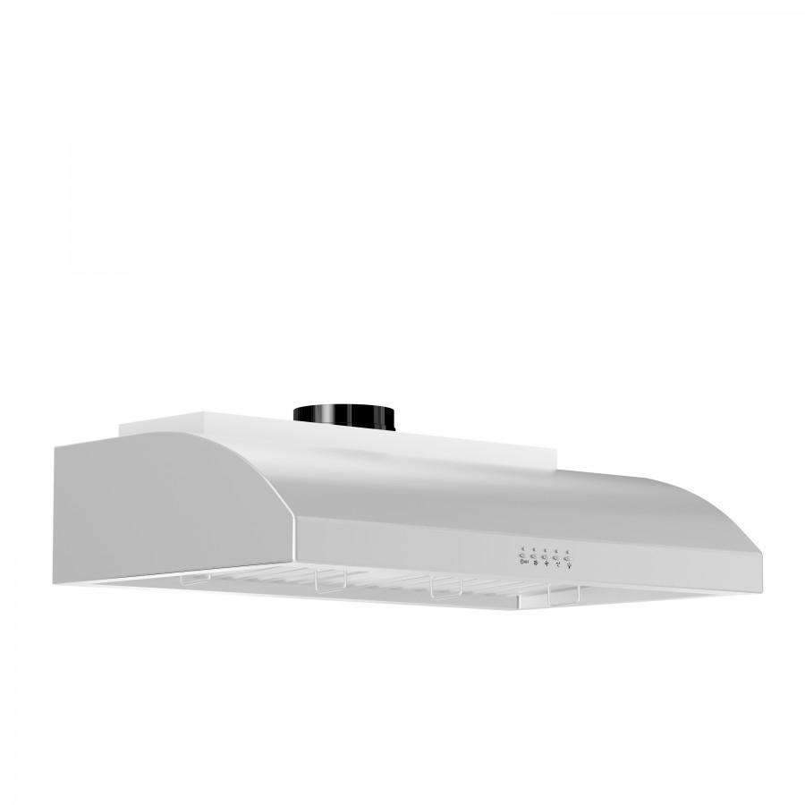 White under-cabinet range hood angled view with chimney duct and vent grille