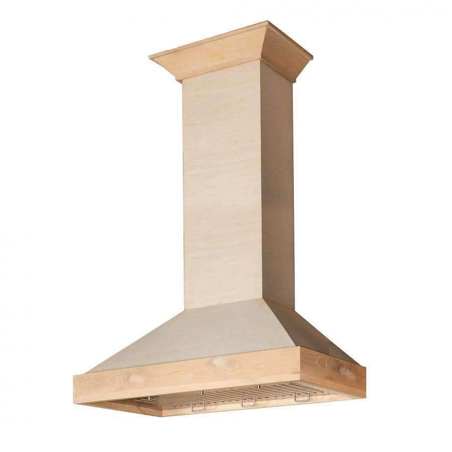 Unfinished light wood wall mount range hood with tall rectangular chimney and vent hood