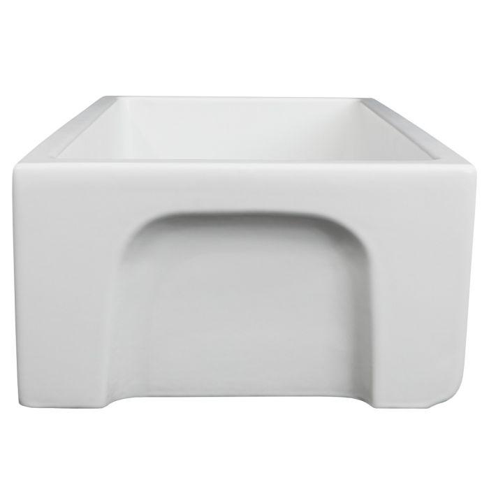 White matte fireclay kitchen sink with rounded interior apron-front single basin