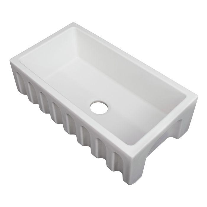 White matte apron-front fireclay kitchen sink single basin with centered drain opening