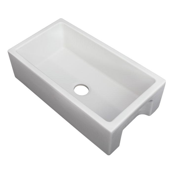 White matte apron-front fireclay kitchen sink single basin with centered drain opening