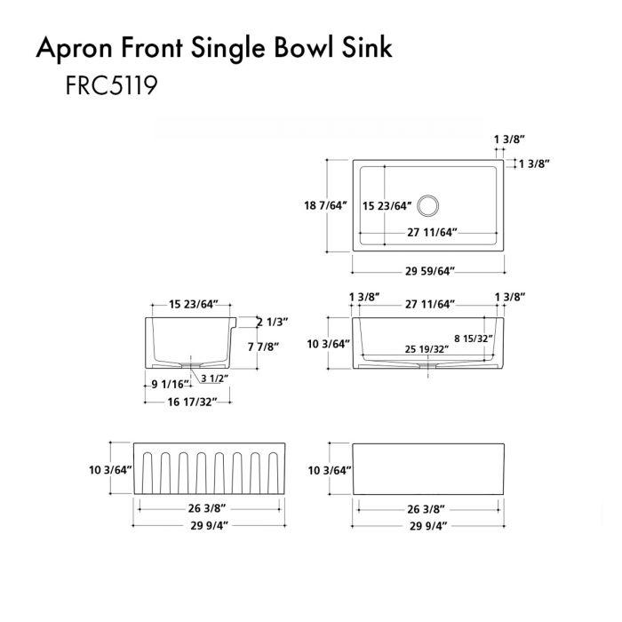 Technical diagram of apron front single-bowl sink dimensions and layout