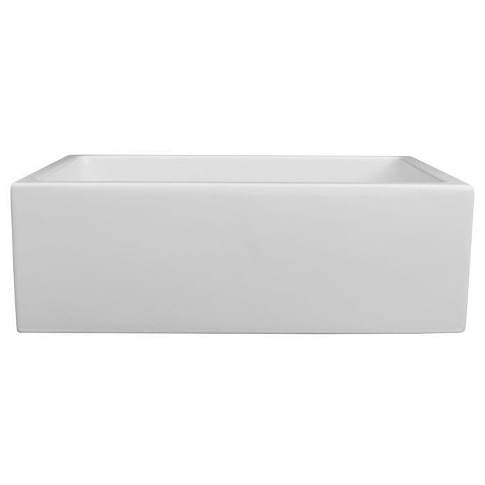 White matte apron-front single-bowl fireclay kitchen sink, rectangular basin view