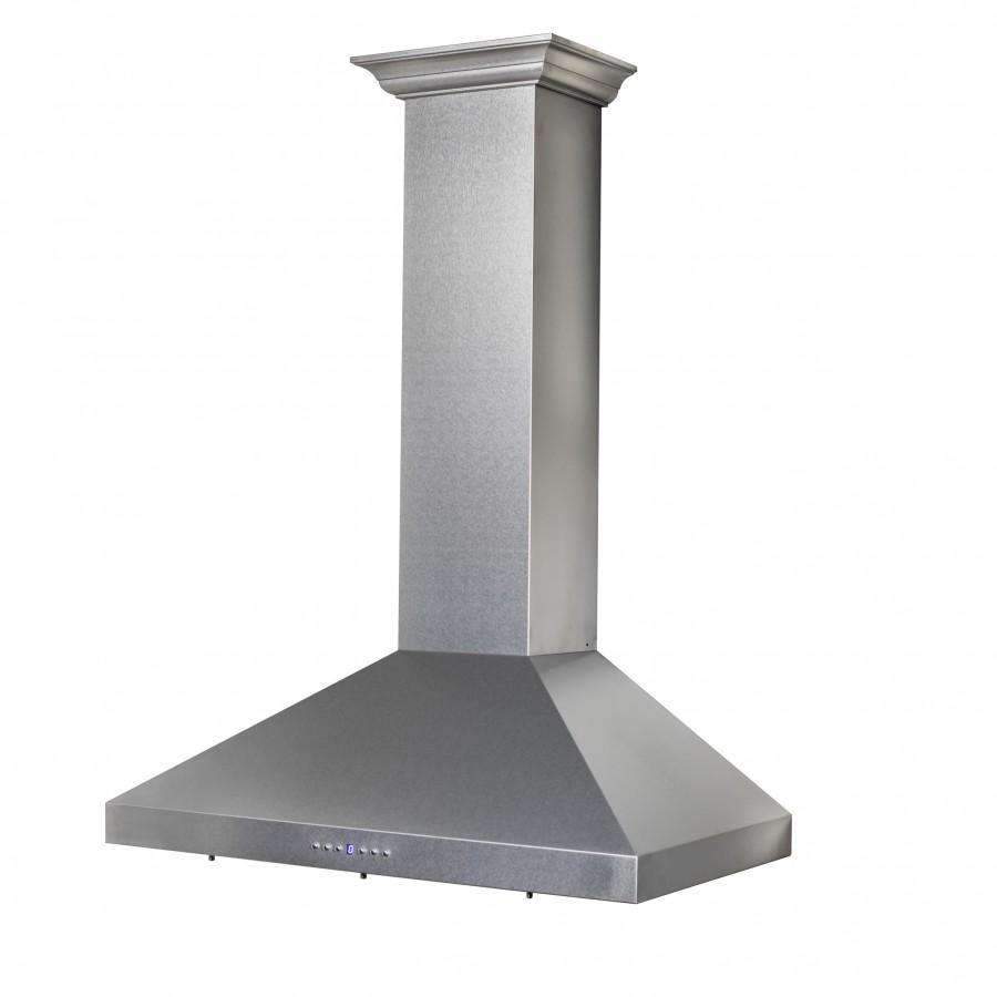 Wall-mount satin stainless steel range hood with curved canopy and chimney stack