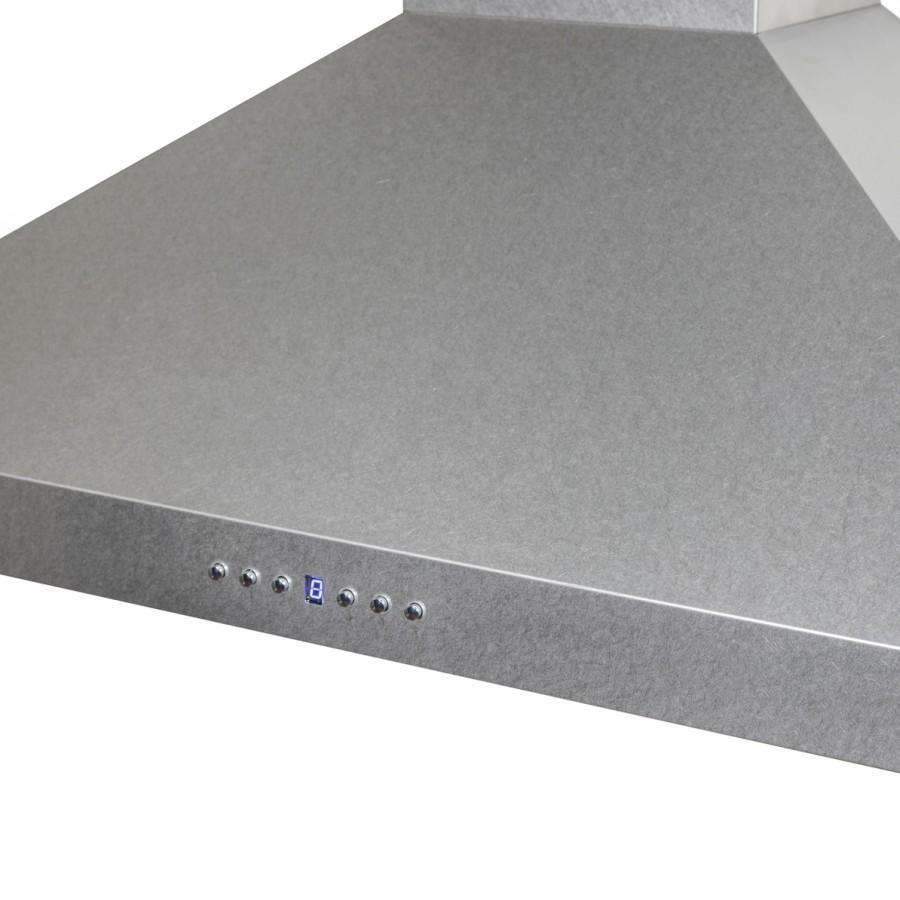 Range hood control panel with touch buttons and vent grille, satin stainless finish