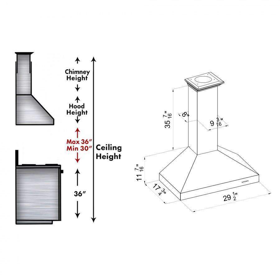 Wall-mount range hood installation clearance diagram with chimney height and hood height