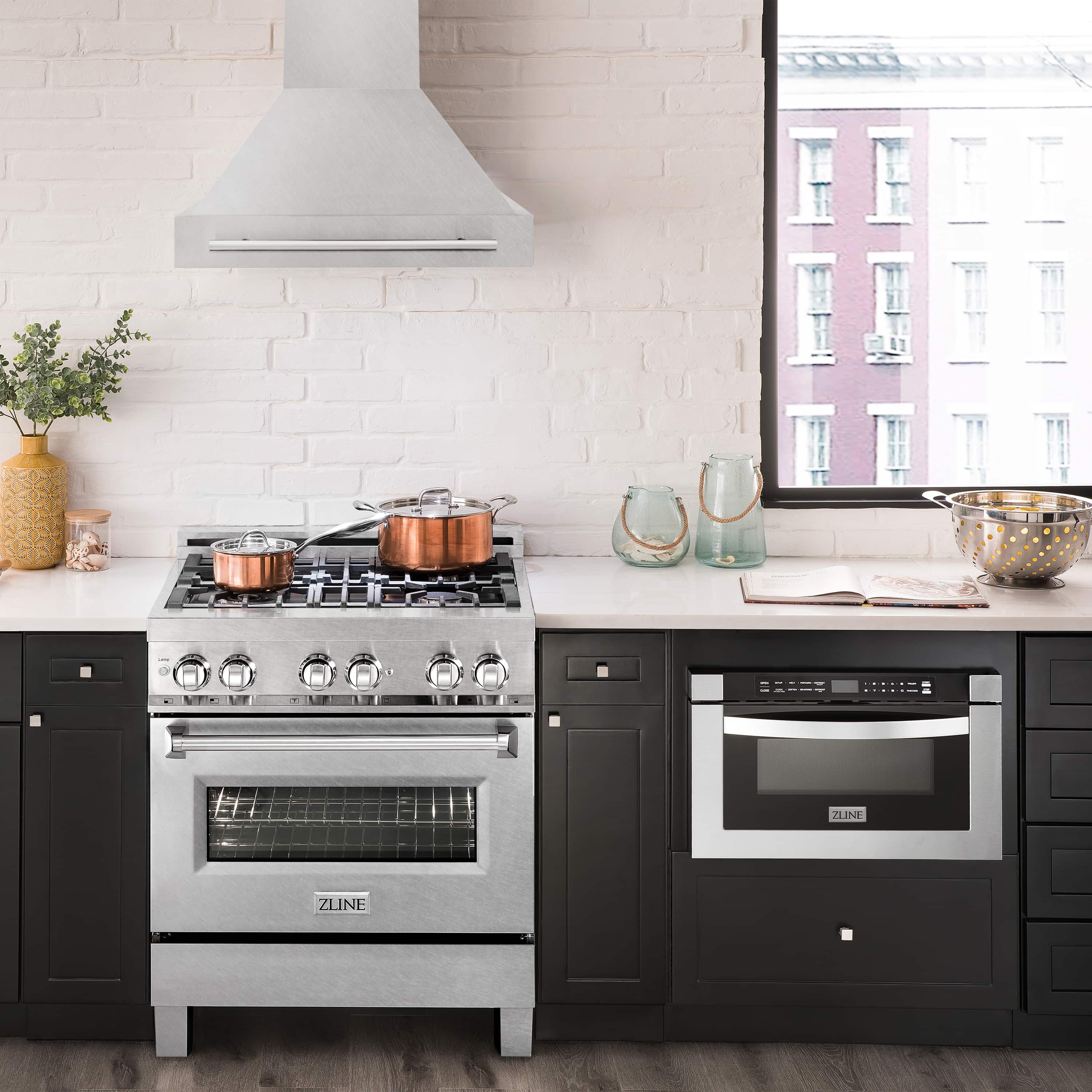 Wall mount satin stainless steel range hood over cooktop with chimney and handle bar